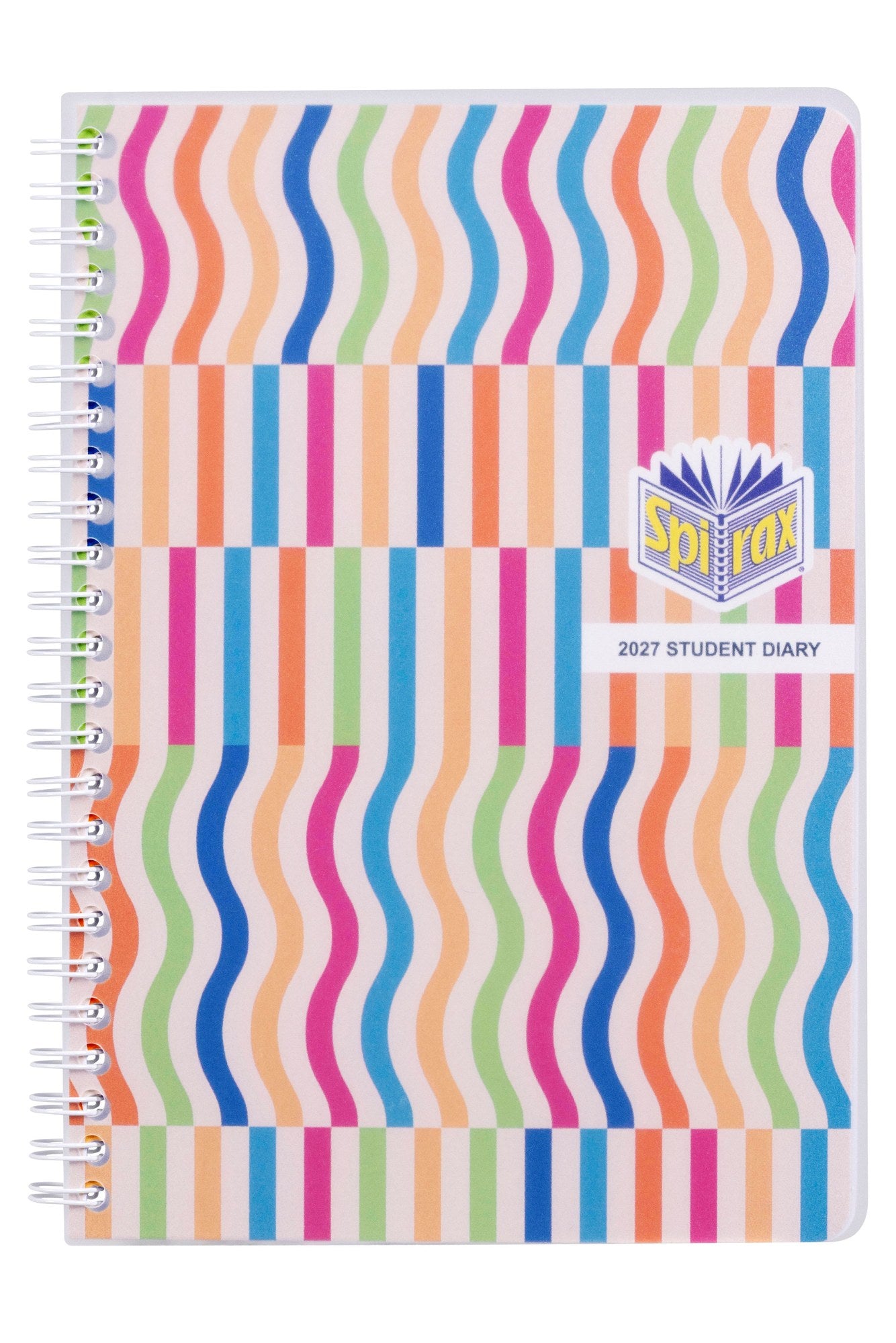 Spirax Schoolside Student Diary 2027 A5 Week To View Spiral Multi-Colour shown front on, the multi-colour cover, closed flat against a plain background.