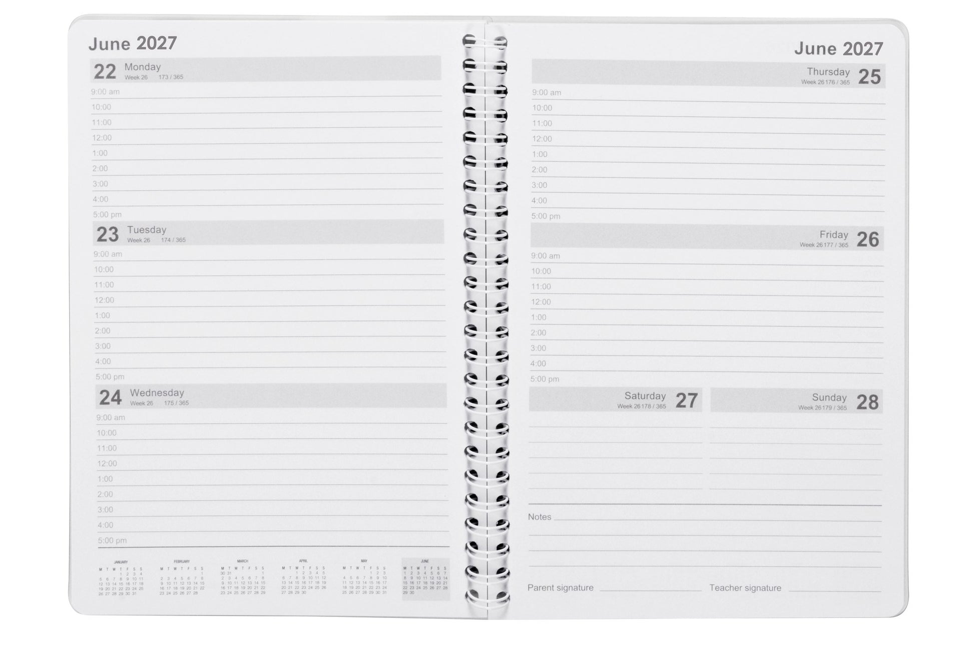 Spirax Schoolside Student Diary 2027 A5 Week To View Spiral Multi-Colour opened to show the printed week to view spiral interior pages and the dated planning grid.