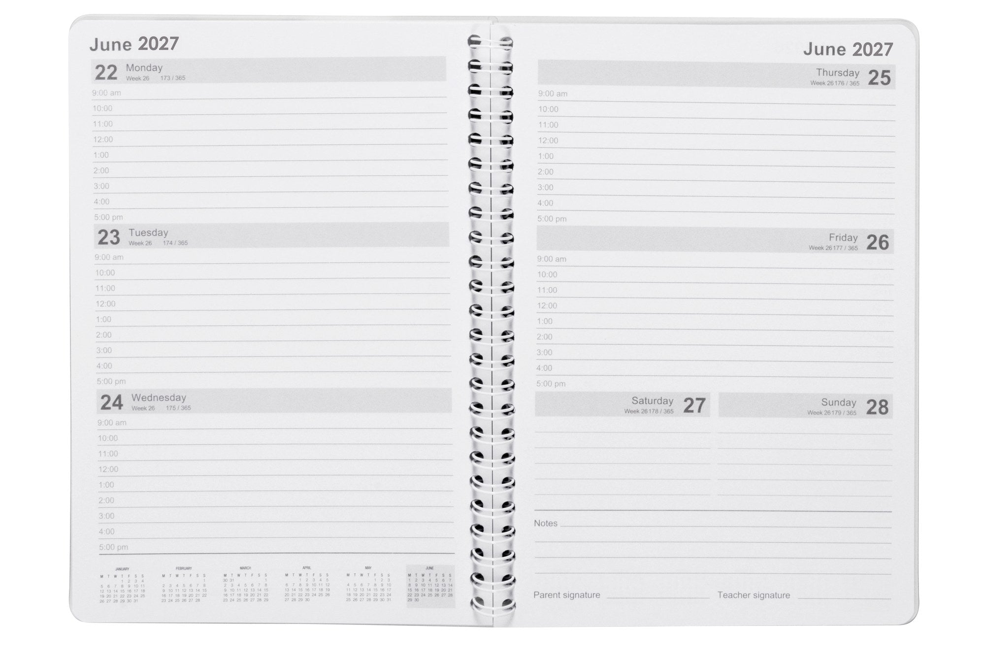 Spirax Schoolside Student Diary 2027 A5 Week To View Spiral Multi-Colour opened to show the printed week to view spiral interior pages and the dated planning grid.
