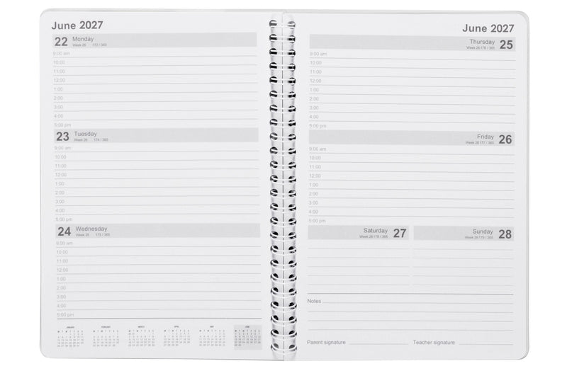 Spirax Schoolside Student Diary 2027 A5 Week To View Spiral Multi-Colour opened to show the printed week to view spiral interior pages and the dated planning grid.