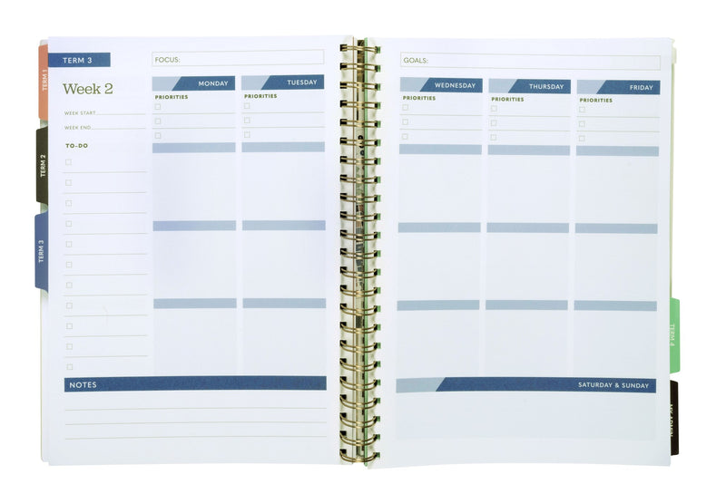 Spirax Schoolside Teacher Diary 2027 A4 Monthly and Weekly View Teal opened to show the printed monthly and weekly view interior pages and the dated planning grid.