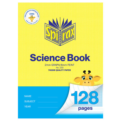 Spirax 233 A4 science book cover in yellow with a blue lower panel, marked 2mm graph and 8mm feint, with a giraffe over a 128 pages corner