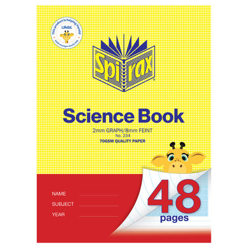 Spirax 234 A4 science book cover, yellow with a red lower panel, printed 2mm graph and 8mm feint, No. 234, with a giraffe over a 48 pages corner