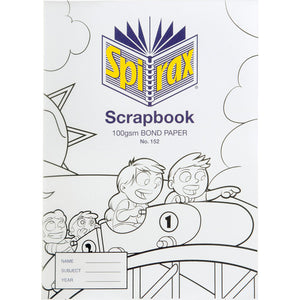 Spirax 152 scrapbook with a white cover of black line art showing children on a roller coaster, printed Scrapbook 100gsm and No. 152, with a name box