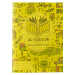 Spirax 154 scrapbook with a yellow tinted polypropylene front over a doodle print with a Creativity banner, printed Scrapbook 70gsm quality paper
