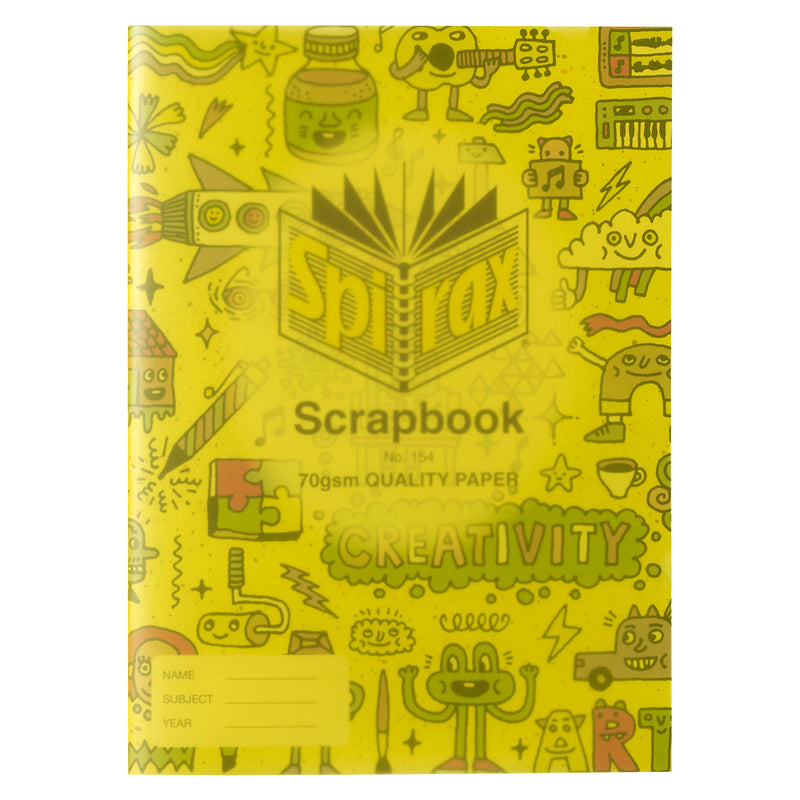 Spirax 154 scrapbook with a yellow tinted polypropylene front over a doodle print with a Creativity banner, printed Scrapbook 70gsm quality paper