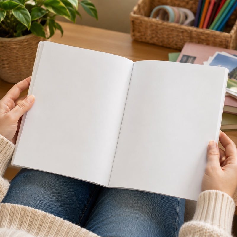 Person holding a Spirax scrapbook open on their lap, showing plain white pages, with a plant and pencils in the background