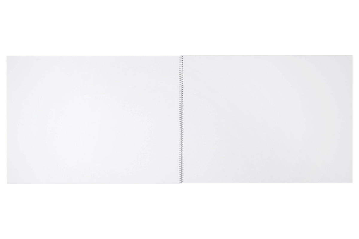 Spirax 532 A2 sketch book opened flat in landscape, showing two plain white drawing pages either side of the spiral binding