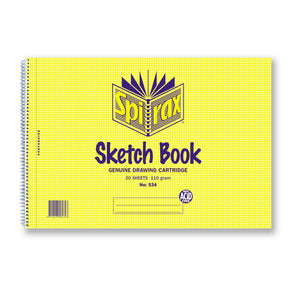 Spirax 534 A4 sketch book in landscape format with a yellow check cover, white spiral wire on the left, printed genuine drawing cartridge, 20 sheets 110 gram and an acid free badge