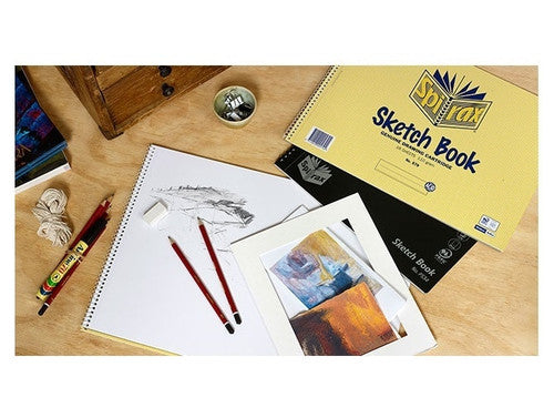Open Spirax A2 Sketch Book displaying plain white 110gsm cartridge paper pages lying flat
