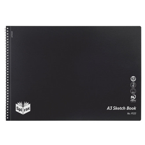 Spirax A3 Sketch Book closed showing black polypropylene cover with twin wire binding on white background