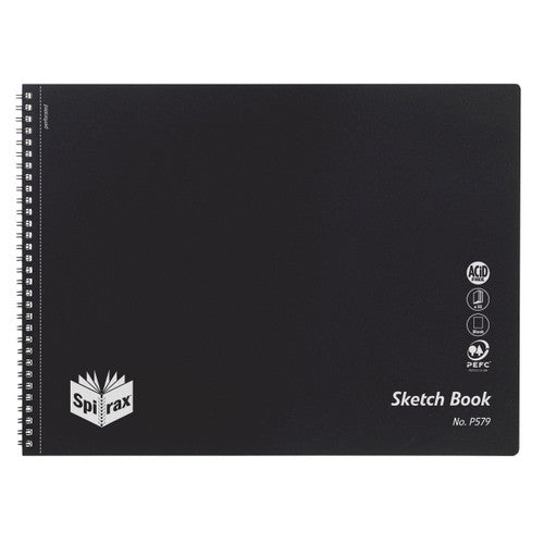 Spirax 272x360mm side-opening sketch book with black polypropylene cover and twin-wire binding, front view on white background