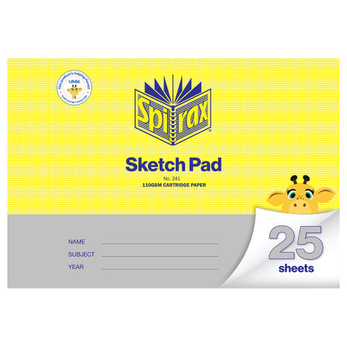 Spirax No. 241 sketch pad cover in landscape with yellow check and grey panels, cartridge paper, name subject year lines and 25 sheets on a curled corner