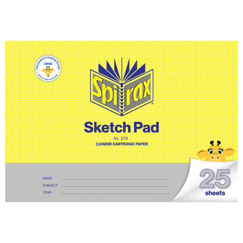 Spirax 279 A4 sketch pad with a yellow landscape cover printed Sketch Pad, 110gsm cartridge paper and 25 sheets, a cartoon giraffe and name, subject and year lines