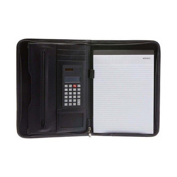 Spirax slimline compendium open with a ruled A4 pad headed Memo in the right sleeve and the calculator and card window on the left