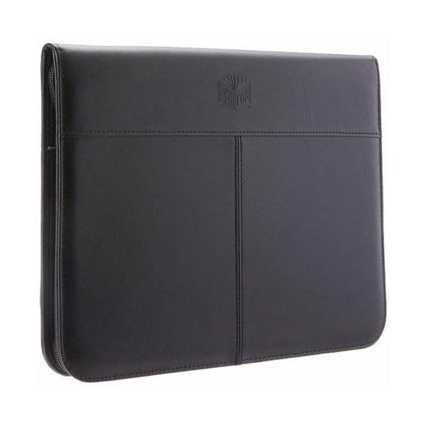 Closed black Spirax slimline compendium seen at an angle, with the zipper running along the edge