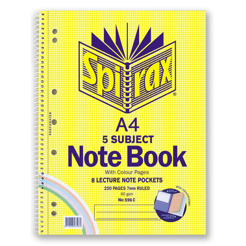 Spirax A4 5 Subject Spiral Notebook with coloured pages and side-opening binding, showing front cover and tabbed dividers