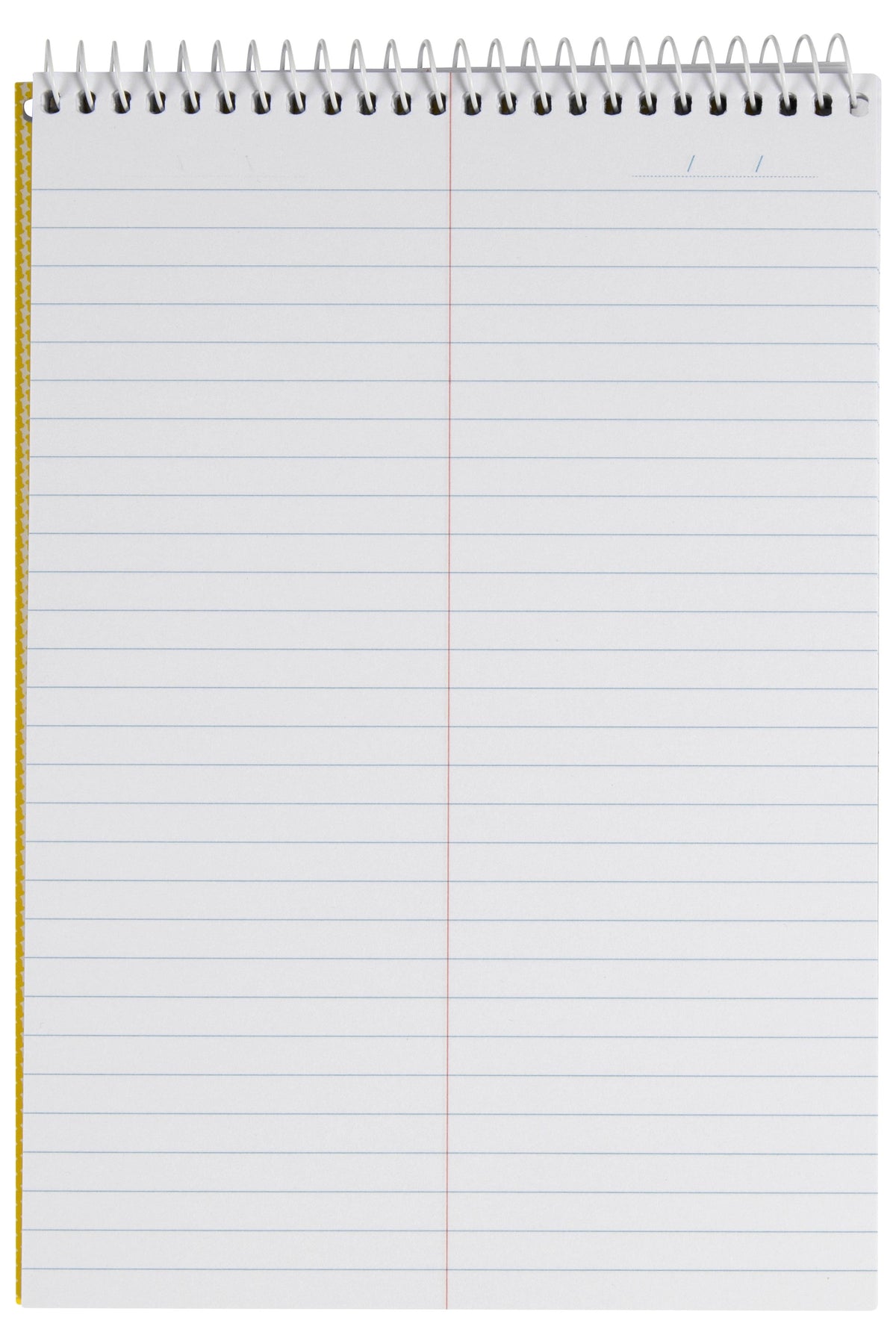 Spirax No. 566A stenographers note pad opened to a page of pale blue ruled lines split into two columns by a red vertical centre rule, white spiral across the top