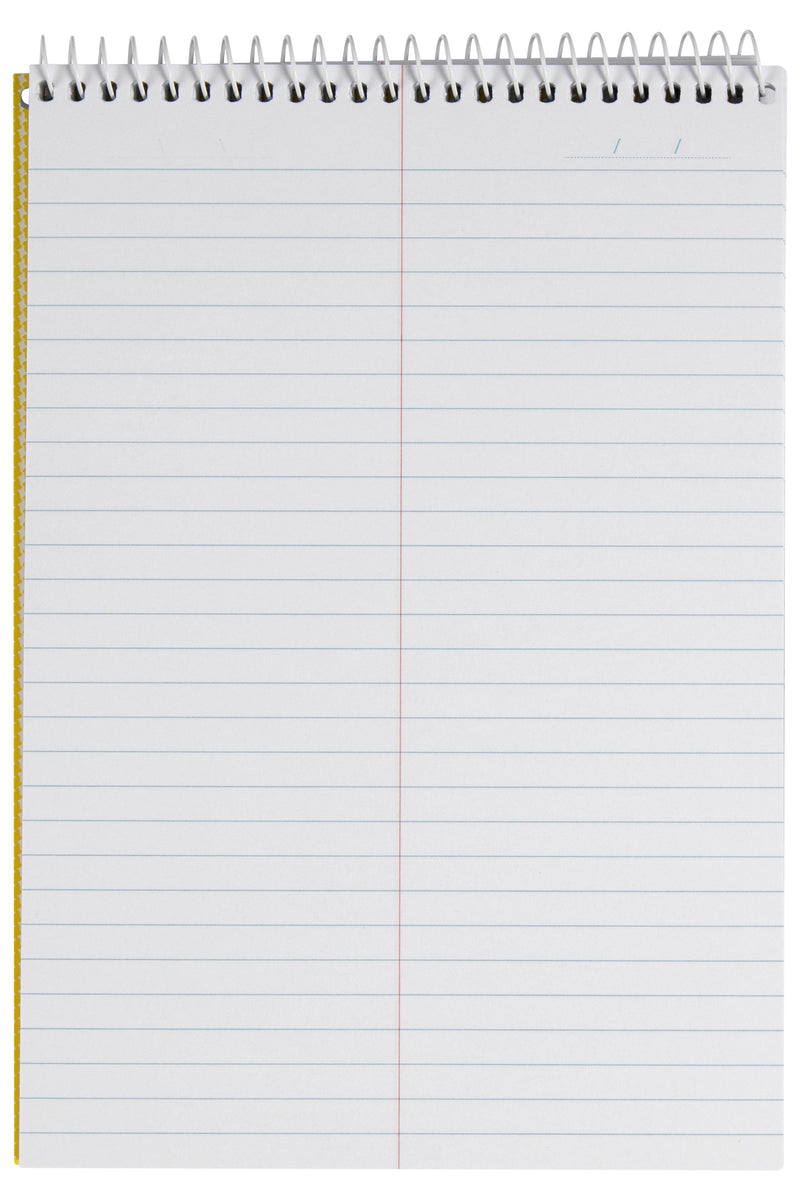 Spirax No. 566A stenographers note pad opened to a page of pale blue ruled lines split into two columns by a red vertical centre rule, white spiral across the top
