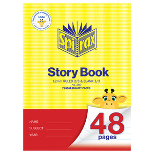 Spirax 280 Story Book cover in yellow with a red name band, printed 12mm ruled 2/3 and blank 1/3, 70gsm quality paper and 48 pages, with a cartoon giraffe