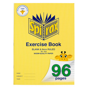 Spirax 324 cover in yellow titled Exercise Book, printed blank and 8mm ruled and 90gsm quality paper, with a giraffe and a green 96 pages marker
