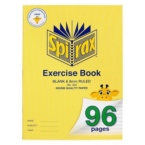 Spirax 324 cover in yellow titled Exercise Book, printed blank and 8mm ruled and 90gsm quality paper, with a giraffe and a green 96 pages marker
