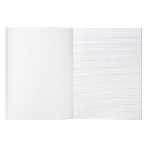 Open Spirax 324 book showing a blank left page facing a ruled right page with a margin line down the left side