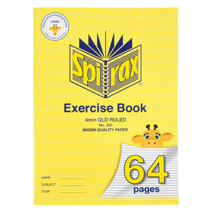 Spirax 303 super size exercise book cover in yellow, marked 4mm QLD ruled and 90gsm quality paper, with a giraffe peeking over the 64 pages corner