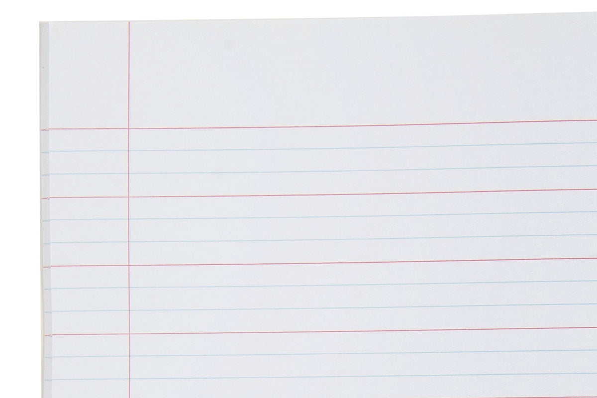 Close-up of the page ruling in the Spirax 311 super size exercise book from ACCO's interior photo, with red lines, two blue lines between each pair and a red margin line on the left