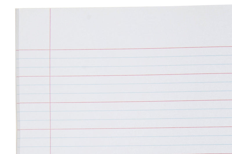 Close-up of the page ruling in the Spirax 311 super size exercise book from ACCO's interior photo, with red lines, two blue lines between each pair and a red margin line on the left