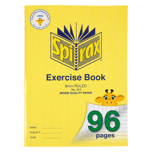 Spirax 313 super size exercise book cover in yellow, printed 8mm ruled and 90gsm quality paper, with a giraffe and a green 96 pages corner