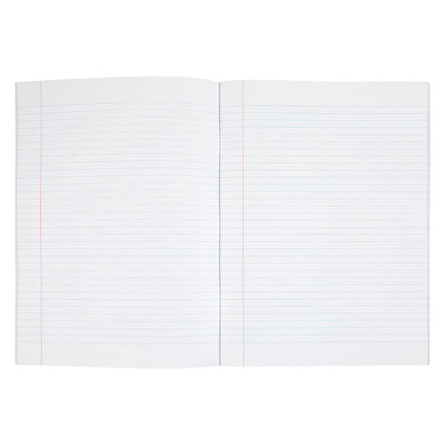 Two page spread of an open Spirax super size exercise book, blue ruled lines across both pages and a red margin line on the left of each