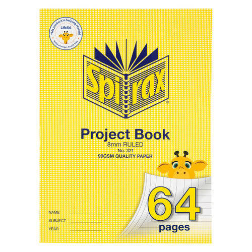 Spirax 321 super size project book with a yellow cover marked 8mm ruled and 90gsm quality paper, a cartoon giraffe and 64 pages on the corner