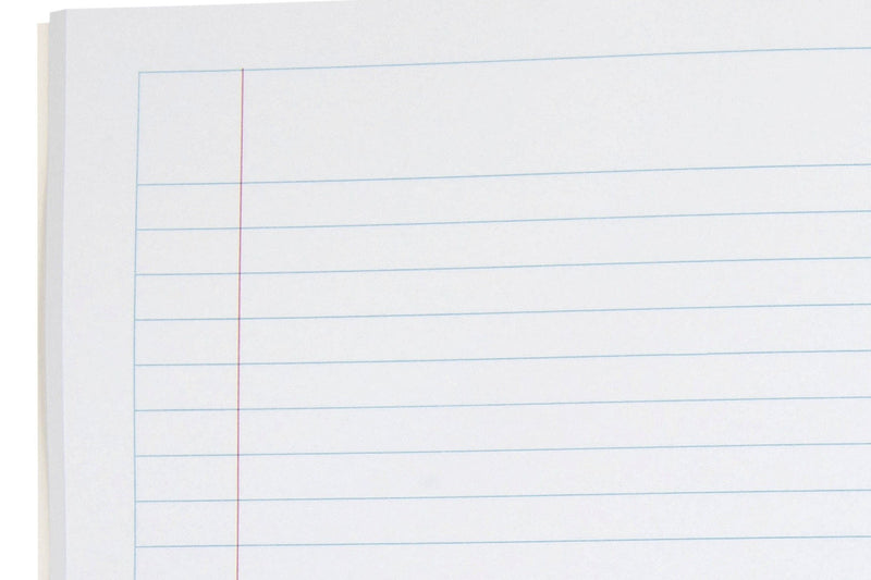 Close-up of the page ruling in the Spirax 322 super size project book from ACCO's interior photo, showing blue ruled lines inside a ruled border with a red margin line