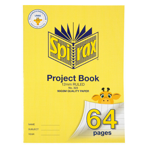 Spirax 323 super size project book with a yellow patterned cover printed 12mm ruled and 90gsm quality paper, a giraffe and 64 pages on the page curl