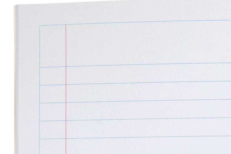 Close-up of the page ruling in the Spirax 323 super size project book from ACCO's interior photo, showing widely spaced blue ruled lines inside a ruled border with a red margin line