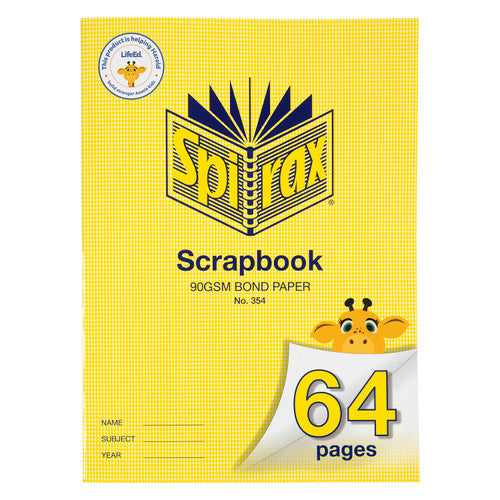Spirax 354 super size scrapbook with a yellow cover printed Scrapbook 90gsm and 64 pages, a cartoon giraffe and name, subject and year lines