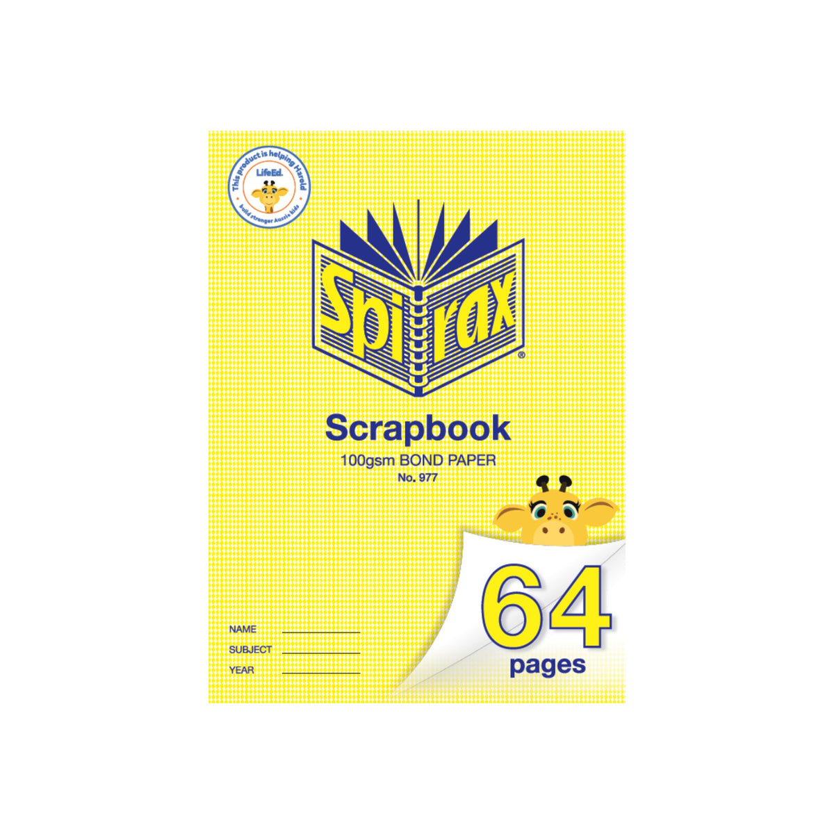 Spirax No. 977 scrapbook with a yellow patterned cover printed 100gsm bond paper, a cartoon giraffe peeking over a curled corner showing 64 pages, and name, subject and year lines