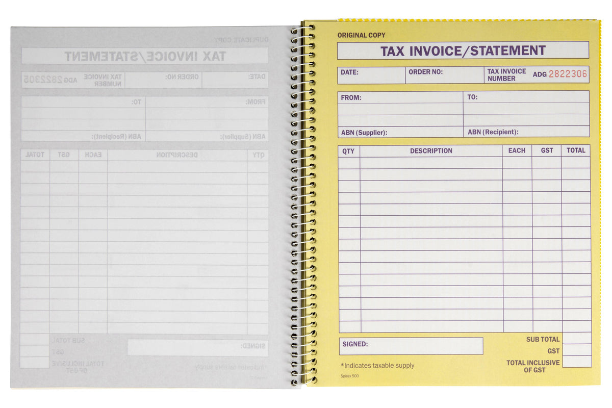 Spirax 500 book open at a yellow original Tax Invoice/Statement form with date, order number, ABN, quantity, description, each, GST and total fields, the duplicate page on the left