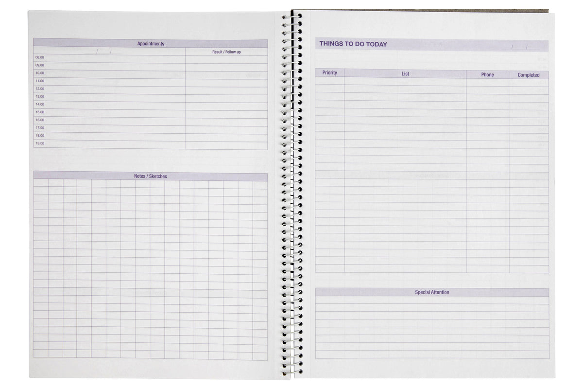 Open Spirax 706 to do book: an hourly appointments column with result and follow up and a notes and sketches grid on the left, a things to do today table with priority, list, phone and completed columns on the right