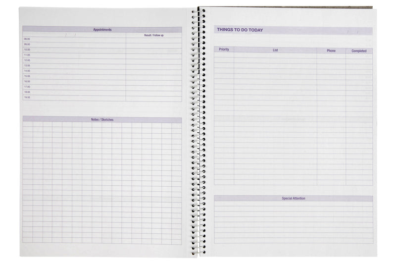 Open Spirax 706 to do book: an hourly appointments column with result and follow up and a notes and sketches grid on the left, a things to do today table with priority, list, phone and completed columns on the right
