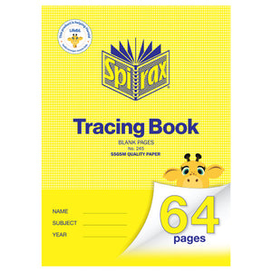 Spirax 245 tracing book cover in yellow, printed blank pages and 55gsm quality paper, with a giraffe peeking above the 64 pages corner