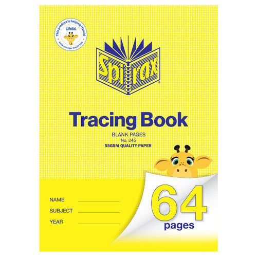 Spirax 245 tracing book cover in yellow, printed blank pages and 55gsm quality paper, with a giraffe peeking above the 64 pages corner