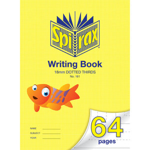 Spirax 161 writing book in a yellow houndstooth cover marked 18mm dotted thirds, with a cartoon orange fish and 64 pages on the turned corner