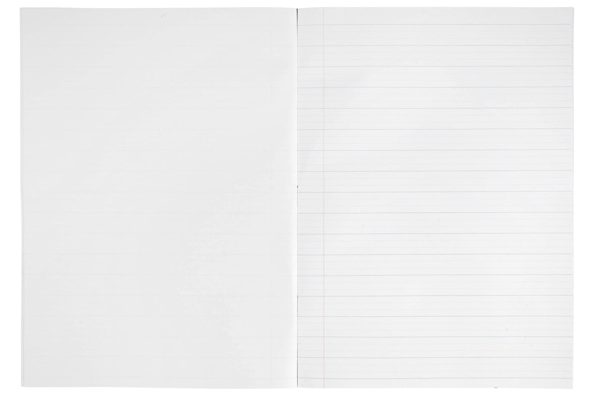 Open Spirax 162 writing book showing a plain left page facing a right page ruled in 18mm dotted thirds with a red margin line