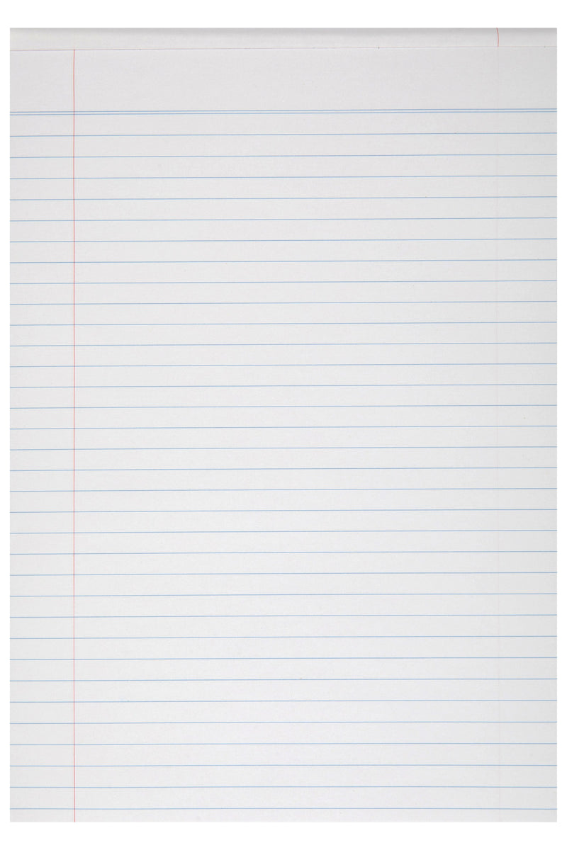 Full page from ACCO's photo of the Spirax 411 A4 writing pad, showing blue ruled lines below a double line at the top and a red margin line down the left side