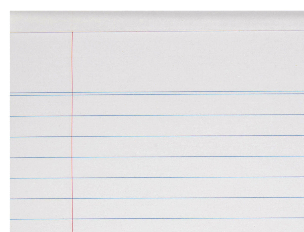 Close-up of the top of a Spirax 411 writing pad page from ACCO's interior photo, with a double blue line, evenly spaced blue ruled lines and a red margin line