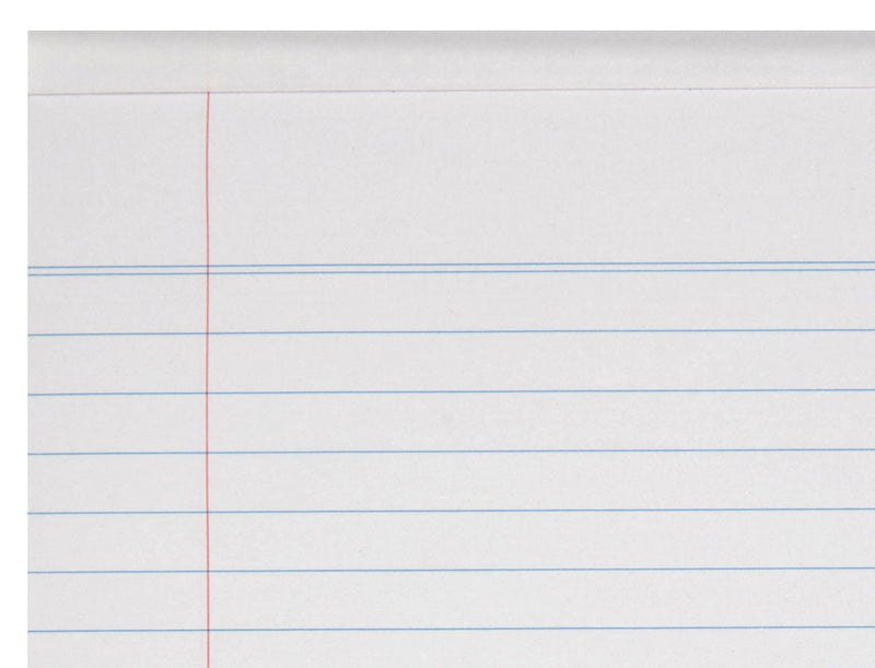 Close-up of the top of a Spirax 411 writing pad page from ACCO's interior photo, with a double blue line, evenly spaced blue ruled lines and a red margin line