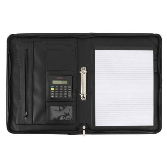 Black zippered A4 compendium open flat with a zip pocket and pen loop on the left, calculator above a clear card window, 2 ring binder in the spine and a ruled pad on the right