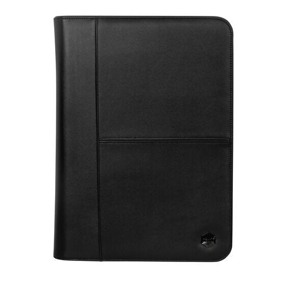 Front of the closed black polyurethane compendium with stitched vertical and horizontal panels and a small hexagon badge in the lower right corner